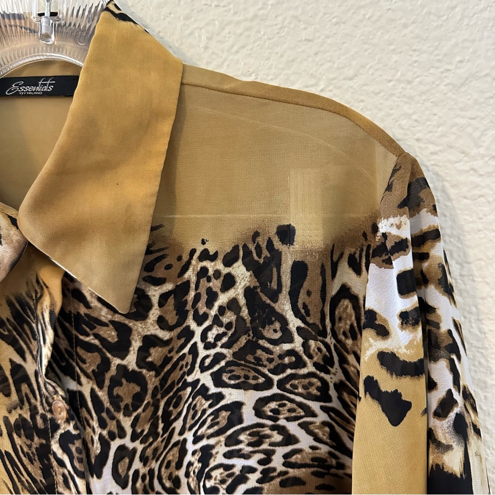 Essentials by Milano Vintage Sheer Leopard Tiger Women’s Button Down Blouse - Picture 2 of 7